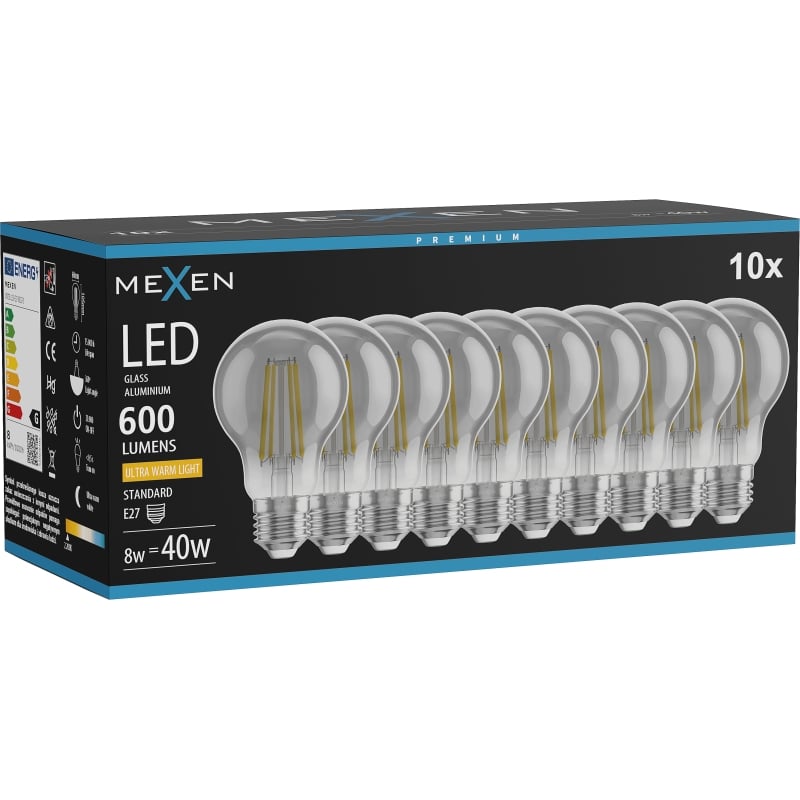 Mexen Vintis 10x LED filamentová žiarovka E27, A60, 8W, Teplá - 2200K, 600 lm, dymová - L150-E27-0822-70x10