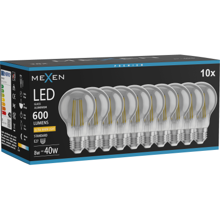 Mexen Vintis 10x LED filamentová žiarovka E27, A60, 8W, Teplá - 2200K, 600 lm, dymová - L150-E27-0822-70x10