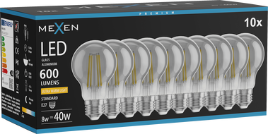 Mexen Vintis 10x LED filamentová žiarovka E27, A60, 8W, Teplá - 2200K, 600 lm, dymová - L150-E27-0822-70x10