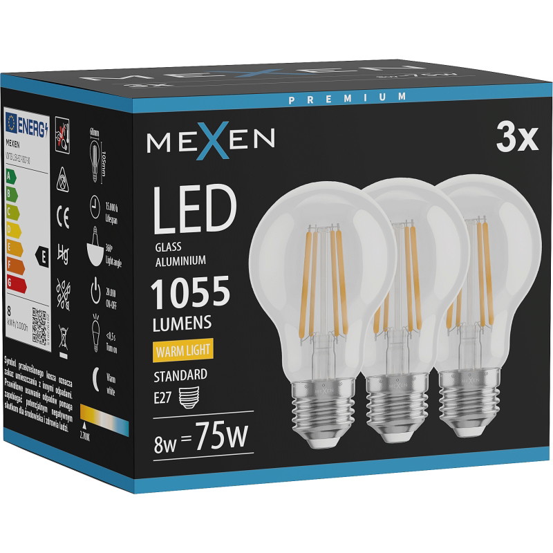 Mexen Vintis 3x Žiarovka filament LED E27, A60, 8W, Teplá - 2700K, 1055 lm, číra - L150-E27-0827-00x03