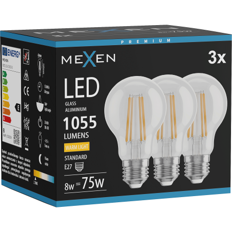 Mexen Vintis 3x Žiarovka filament LED E27, A60, 8W, Teplá - 2700K, 1055 lm, číra - L150-E27-0827-00x03
