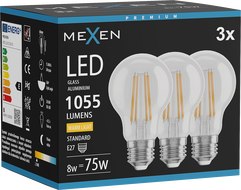 Mexen Vintis 3x Žiarovka filament LED E27, A60, 8W, Teplá - 2700K, 1055 lm, číra - L150-E27-0827-00x03