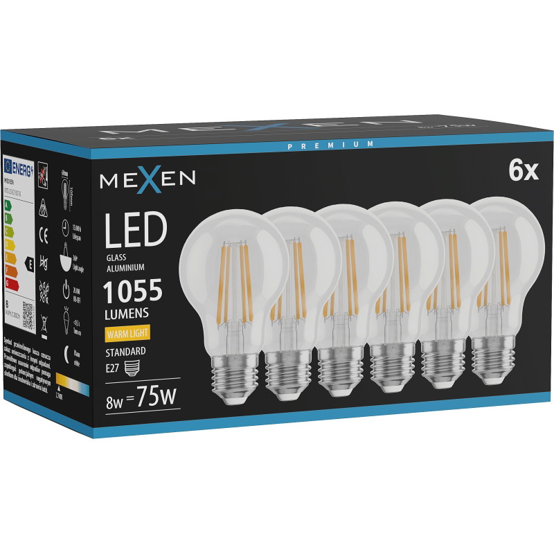 Mexen Vintis 6x LED žiarovka filament E27, A60, 8W, Teplá - 2700K, 1055 lm, číra - L150-E27-0827-00x06