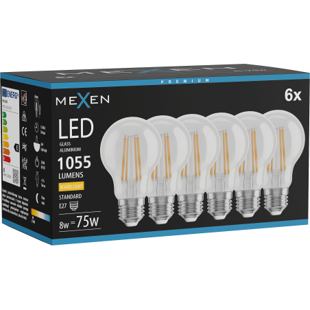 Mexen Vintis 6x LED žiarovka filament E27, A60, 8W, Teplá - 2700K, 1055 lm, číra - L150-E27-0827-00x06