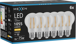 Mexen Vintis 6x LED žiarovka filament E27, A60, 8W, Teplá - 2700K, 1055 lm, číra - L150-E27-0827-00x06