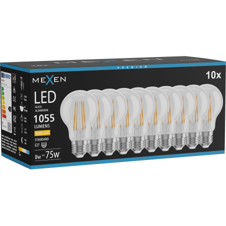 Mexen Vintis 10x žiarovka filament LED E27, A60, 8W, Teplá - 2700K, 1055 lm, číra - L150-E27-0827-00x10