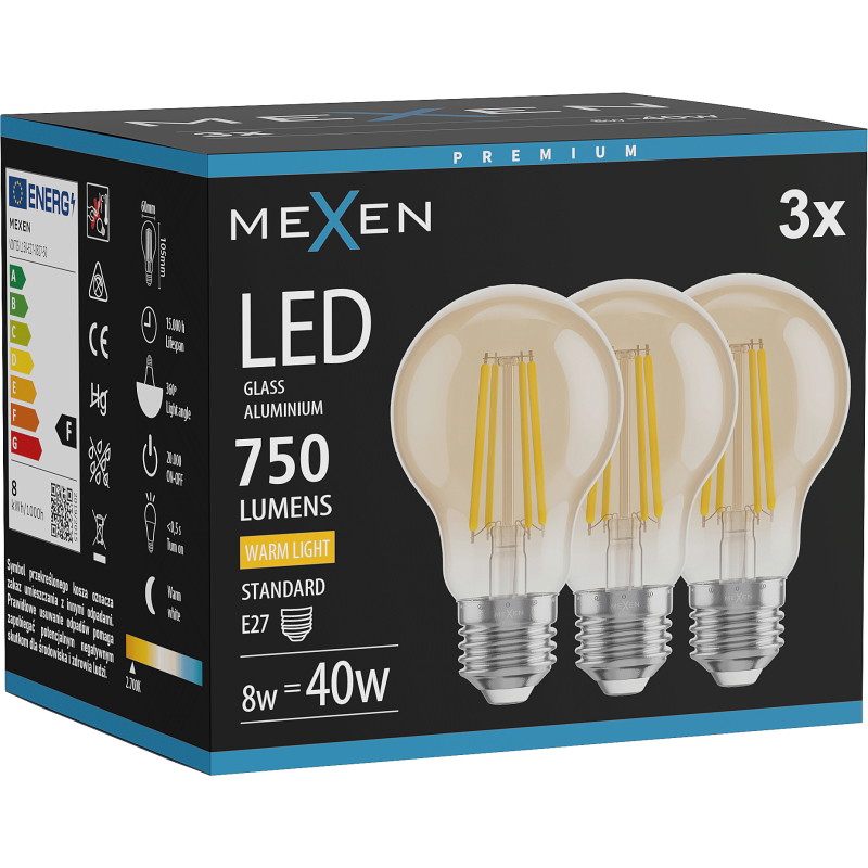 Mexen Vintis 3x LED filamentová žiarovka E27, A60, 8W, Teplá - 2700K, 750 lm, jantárová - L150-E27-0822-50x03