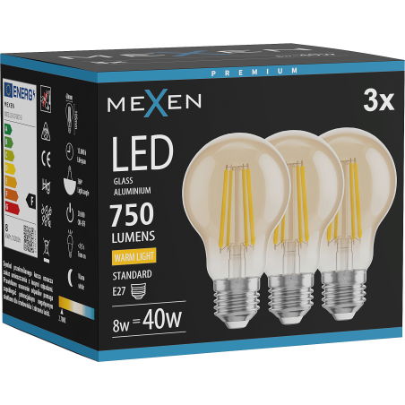 Mexen Vintis 3x LED filamentová žiarovka E27, A60, 8W, Teplá - 2700K, 750 lm, jantárová - L150-E27-0822-50x03