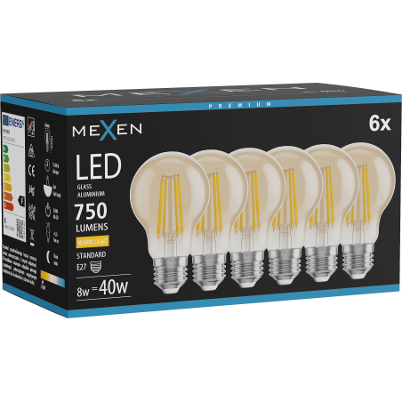 Mexen Vintis 6x Žiarovka filament LED E27, A60, 8W, Teplá - 2700K, 750 lm, jantárová - L150-E27-0822-50x06