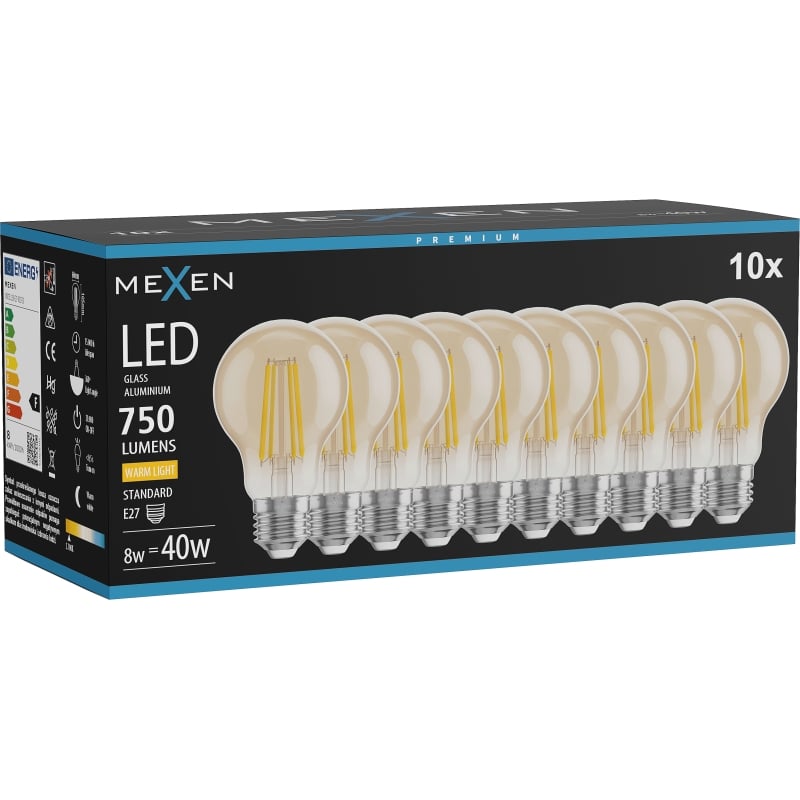 Mexen Vintis 10x Žiarovka filament LED E27, A60, 8W, Teplá - 2700K, 750 lm, jantárová - L150-E27-0822-50x10