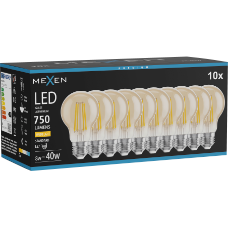 Mexen Vintis 10x Žiarovka filament LED E27, A60, 8W, Teplá - 2700K, 750 lm, jantárová - L150-E27-0822-50x10