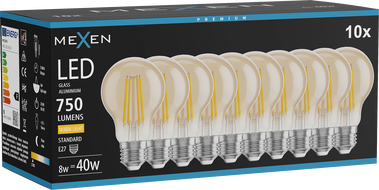 Mexen Vintis 10x Žiarovka filament LED E27, A60, 8W, Teplá - 2700K, 750 lm, jantárová - L150-E27-0822-50x10