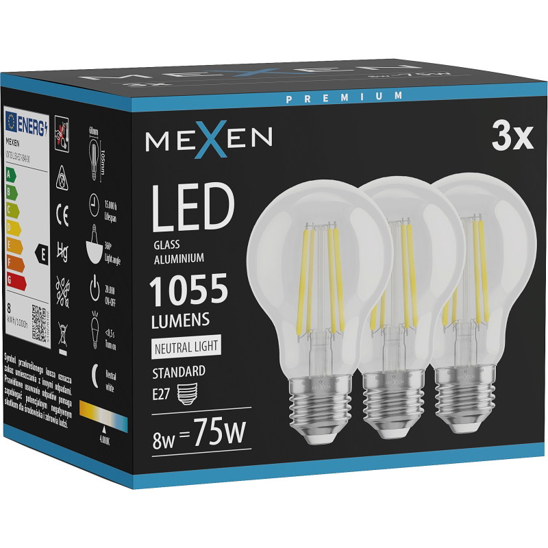 Mexen Vintis 3x LED filamentová žiarovka E27, A60, 8W, Neutrálna - 4000K, 1055 lm, číra - L150-E27-0840-00x03