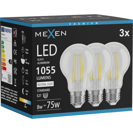 Mexen Vintis 3x LED filamentová žiarovka E27, A60, 8W, Neutrálna - 4000K, 1055 lm, číra - L150-E27-0840-00x03