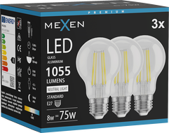 Mexen Vintis 3x LED filamentová žiarovka E27, A60, 8W, Neutrálna - 4000K, 1055 lm, číra - L150-E27-0840-00x03