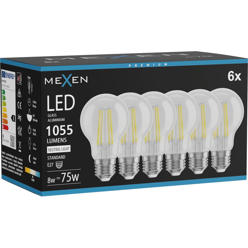 Mexen Vintis 6x Žiarovka filament LED E27, A60, 8W, Neutrálna - 4000K, 1055 lm, clear - L150-E27-0840-00x06