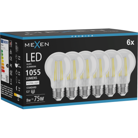 Mexen Vintis 6x Žiarovka filament LED E27, A60, 8W, Neutrálna - 4000K, 1055 lm, clear - L150-E27-0840-00x06
