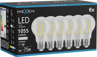 Mexen Vintis 6x Žiarovka filament LED E27, A60, 8W, Neutrálna - 4000K, 1055 lm, clear - L150-E27-0840-00x06
