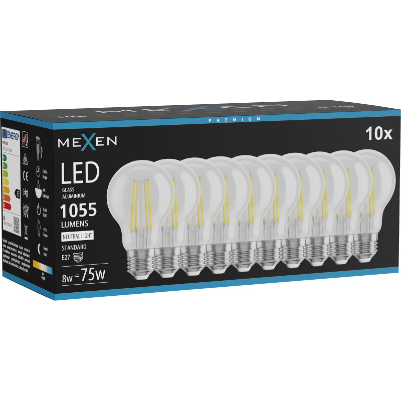 Mexen Vintis 10x žiarovka filament LED E27, A60, 8W, Neutrálna - 4000K, 1055 lm, číra - L150-E27-0840-00x10