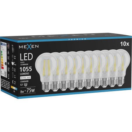 Mexen Vintis 10x žiarovka filament LED E27, A60, 8W, Neutrálna - 4000K, 1055 lm, číra - L150-E27-0840-00x10