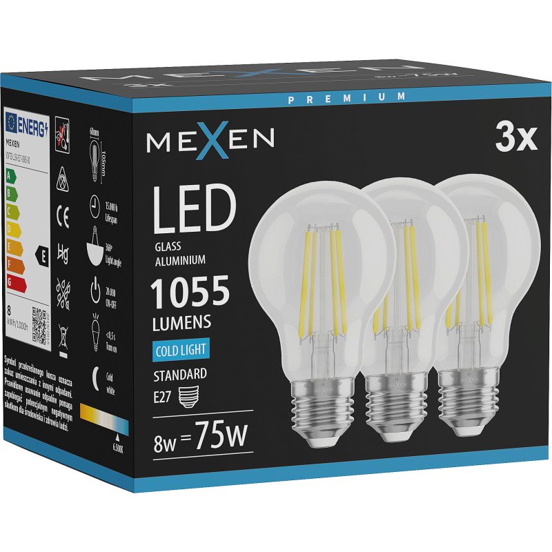 Mexen Vintis 3x Žiarovka filament LED E27, A60, 8W, Studená - 6500K, 1055 lm, číra - L150-E27-0865-00x03