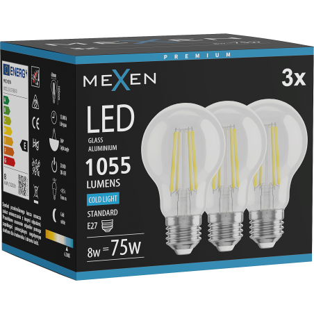 Mexen Vintis 3x Žiarovka filament LED E27, A60, 8W, Studená - 6500K, 1055 lm, číra - L150-E27-0865-00x03