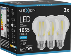 Mexen Vintis 3x Žiarovka filament LED E27, A60, 8W, Studená - 6500K, 1055 lm, číra - L150-E27-0865-00x03