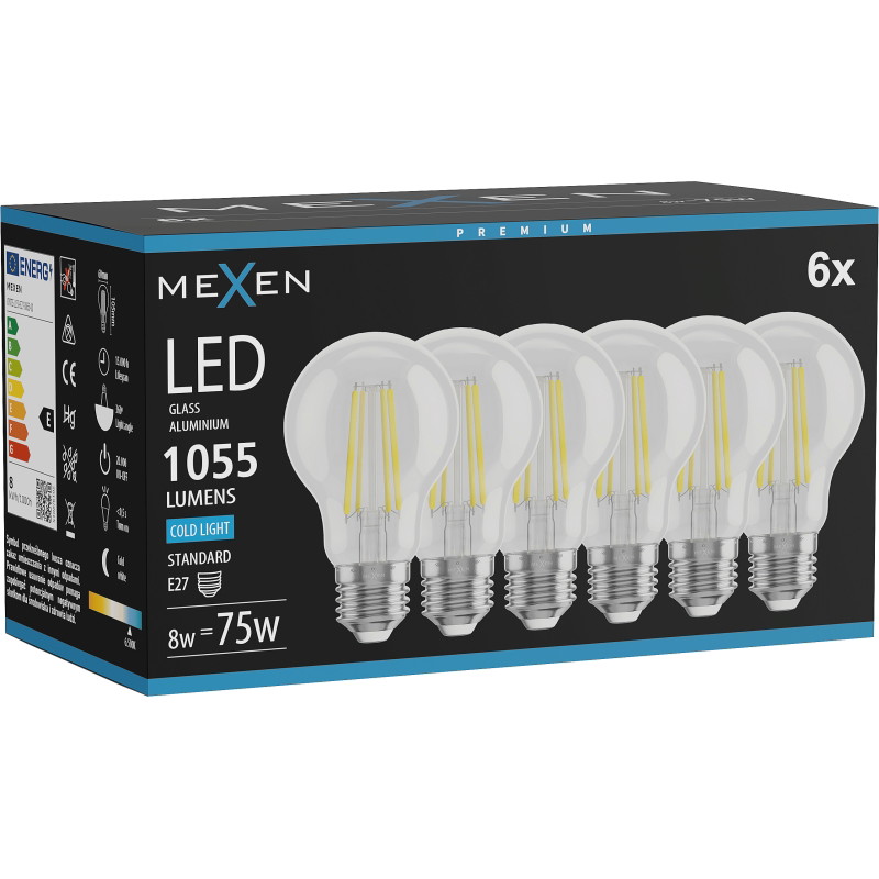 Mexen Vintis 6x Žiarovka filament LED E27, A60, 8W, Studená - 6500K, 1055 lm, číra - L150-E27-0865-00x06
