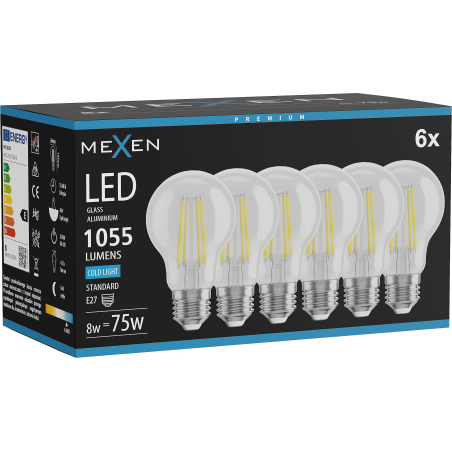 Mexen Vintis 6x Žiarovka filament LED E27, A60, 8W, Studená - 6500K, 1055 lm, číra - L150-E27-0865-00x06