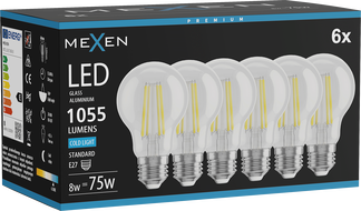 Mexen Vintis 6x Žiarovka filament LED E27, A60, 8W, Studená - 6500K, 1055 lm, číra - L150-E27-0865-00x06