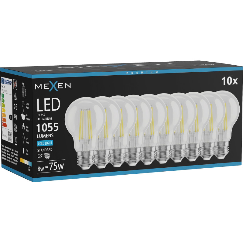 Mexen Vintis 10x žiarovka filament LED E27, A60, 8W, Studená - 6500K, 1055 lm, číra - L150-E27-0865-00x10