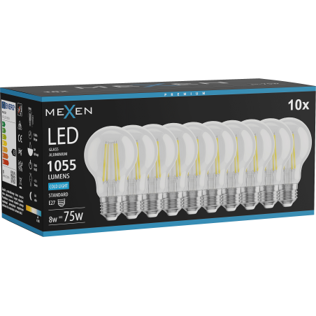 Mexen Vintis 10x žiarovka filament LED E27, A60, 8W, Studená - 6500K, 1055 lm, číra - L150-E27-0865-00x10
