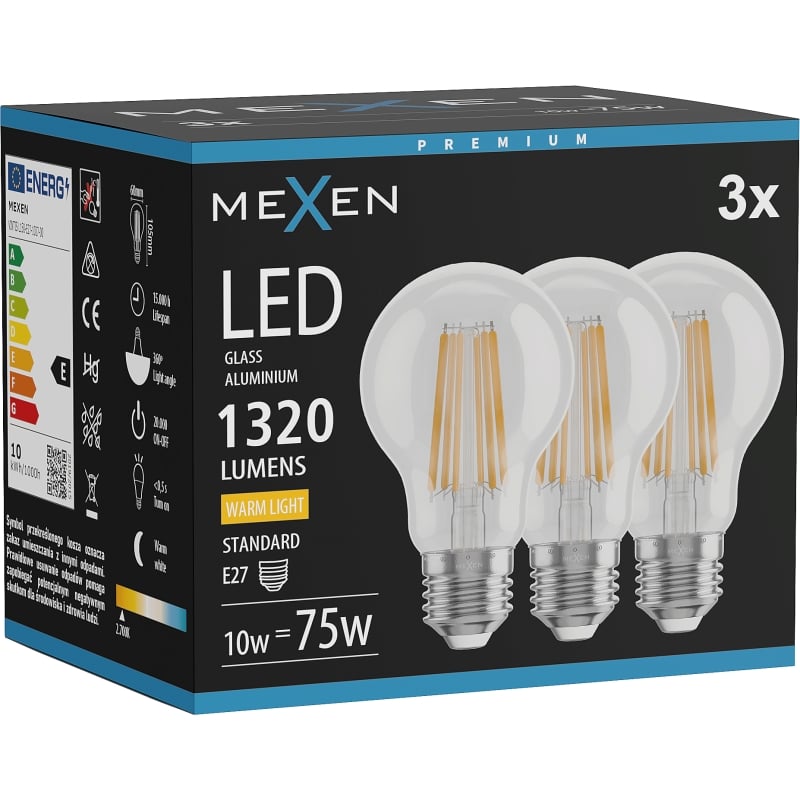 Mexen Vintis 3x Žiarovka filament LED E27, A60, 10W, Teplá - 2700K, 1320 lm, číra - L150-E27-1027-00x03