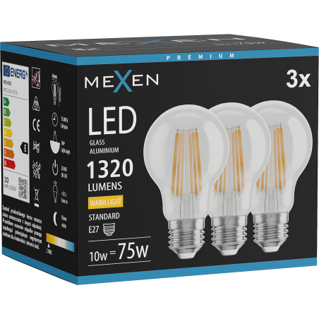 Mexen Vintis 3x Žiarovka filament LED E27, A60, 10W, Teplá - 2700K, 1320 lm, číra - L150-E27-1027-00x03
