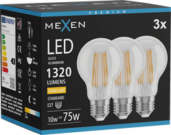 Mexen Vintis 3x Žiarovka filament LED E27, A60, 10W, Teplá - 2700K, 1320 lm, číra - L150-E27-1027-00x03