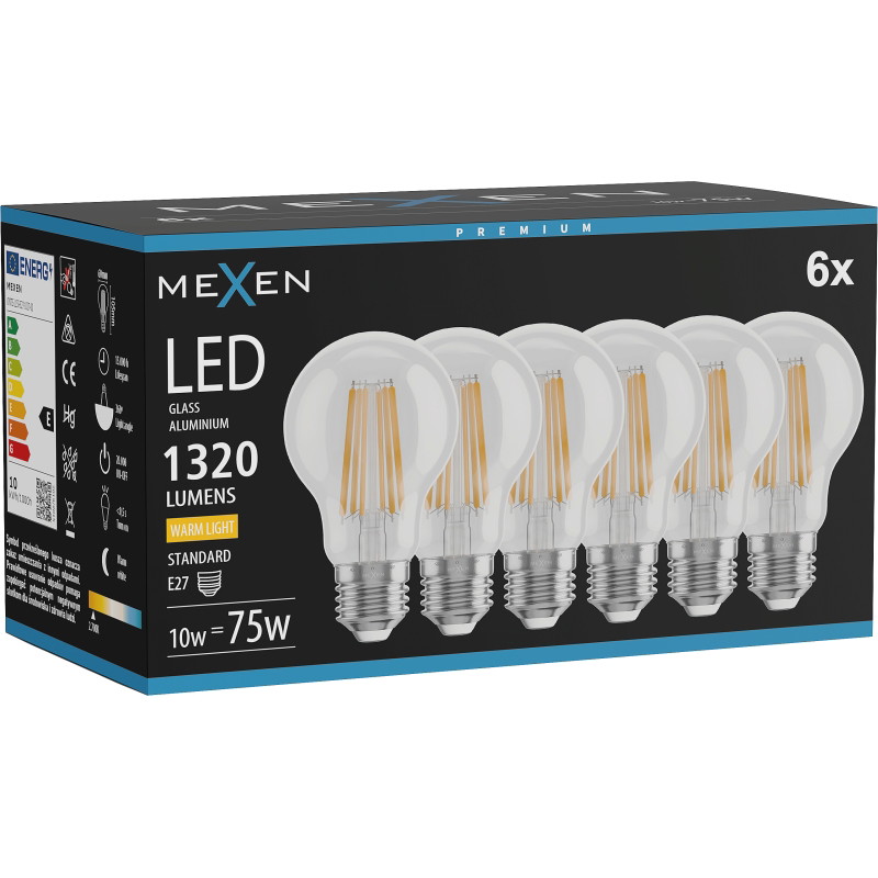 Mexen Vintis 6x LED vláknová žiarovka E27, A60, 10W, Teplá - 2700K, 1320 lm, číra - L150-E27-1027-00x06