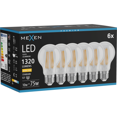 Mexen Vintis 6x LED vláknová žiarovka E27, A60, 10W, Teplá - 2700K, 1320 lm, číra - L150-E27-1027-00x06