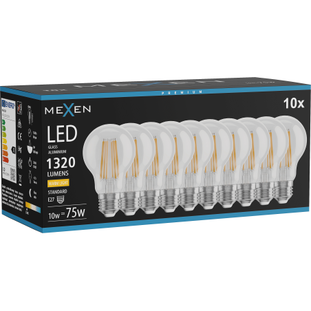Mexen Vintis 10x LED vláknová žiarovka E27, A60, 10W, Teplá - 2700K, 1320 lm, číra - L150-E27-1027-00x10