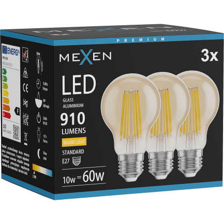 Mexen Vintis 3x Žiarovka filament LED E27, A60, 10W, Teplá - 2700K, 910 lm, jantárová - L150-E27-1027-50x03