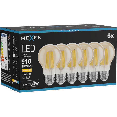 Mexen Vintis 6x LED žiarovka filament E27, A60, 10W, Teplá - 2700K, 910 lm, jantár - L150-E27-1027-50x06