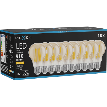 Mexen Vintis 10x žiarovka filament LED E27, A60, 10W, Teplá - 2700K, 910 lm, jantárová - L150-E27-1027-50x10