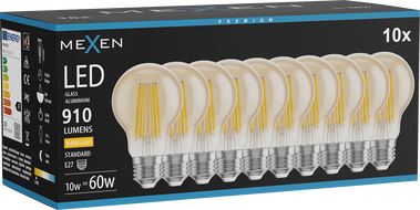 Mexen Vintis 10x žiarovka filament LED E27, A60, 10W, Teplá - 2700K, 910 lm, jantárová - L150-E27-1027-50x10