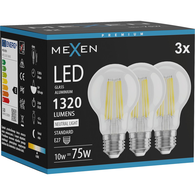 Mexen Vintis 3x žiarovka filament LED E27, A60, 10W, Neutrálna - 4000K, 1320 lm, číra - L150-E27-1040-00x03