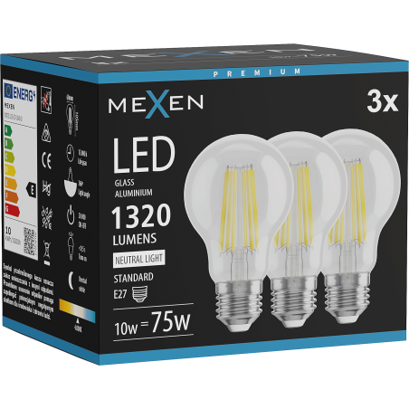 Mexen Vintis 3x žiarovka filament LED E27, A60, 10W, Neutrálna - 4000K, 1320 lm, číra - L150-E27-1040-00x03