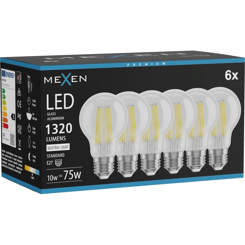 Mexen Vintis 6x žiarovka filament LED E27, A60, 10W, Neutrálna - 4000K, 1320 lm, číra - L150-E27-1040-00x06