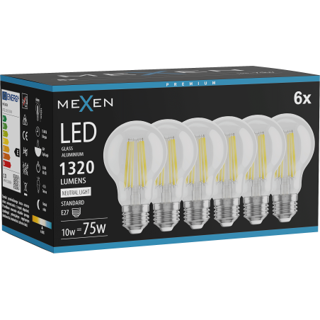Mexen Vintis 6x žiarovka filament LED E27, A60, 10W, Neutrálna - 4000K, 1320 lm, číra - L150-E27-1040-00x06