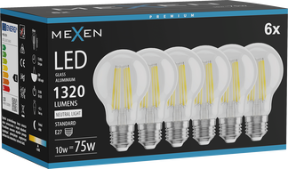Mexen Vintis 6x žiarovka filament LED E27, A60, 10W, Neutrálna - 4000K, 1320 lm, číra - L150-E27-1040-00x06
