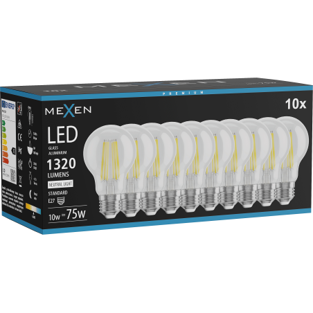 Mexen Vintis 10x žiarovka filament LED E27, A60, 10W, Neutrálna - 4000K, 1320 lm, číra - L150-E27-1040-00x10