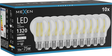 Mexen Vintis 10x žiarovka filament LED E27, A60, 10W, Neutrálna - 4000K, 1320 lm, číra - L150-E27-1040-00x10