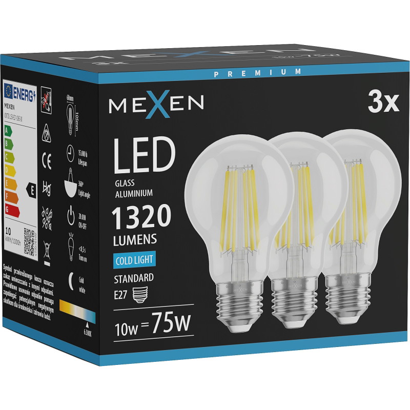 Mexen Vintis 3x LED žiarovka filament E27, A60, 10W, Studená - 6500K, 1320 lm, priehľadná - L150-E27-1065-00x03